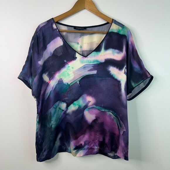 Lafayette 148 Watercolor V-Neck Dolman Sleeve 100% Silk Top Women's M Artsy - Picture 1 of 10